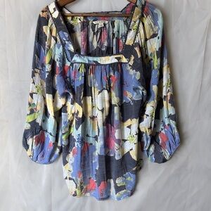 Zac & Rachel Painterly Floral Peasant Blouse Boho Square Neck BalloonSleeve | L